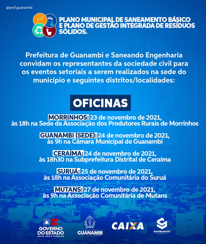 Plano Municipal de Saneamento Básico de Guanambi é discutido com a comunidade; veja as datas das oficinas