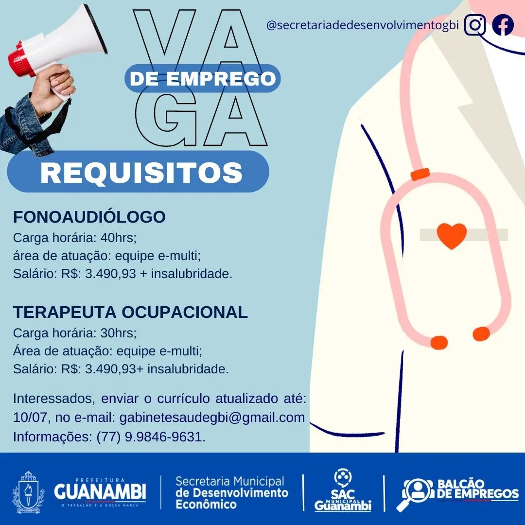 Oportunidade de Emprego: Fonoaudiólogo(a) e Terapeuta Ocupacional